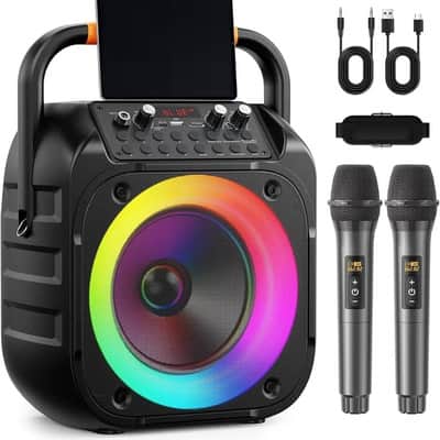 Machine for Adults, Portable Bluetooth Karaoke Speaker with 2 Wireless Microphones, Echo Adjustment, LED Lights, PA System with 6.5" Subwoofer, Support TV/AUX/USB/TF Card (Black) image 1