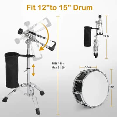 14” Snare Drum Kit w/ Stand & Bag – Complete Beginner Drum Set, Adjustable Stand, Sticks, Practice Pad – Black image 3