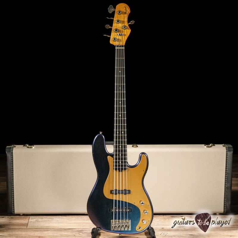 Shabat Tiger 5 String J-Bass w/ Ebony Fretboard – Cosmic Blue Colorshift image 1