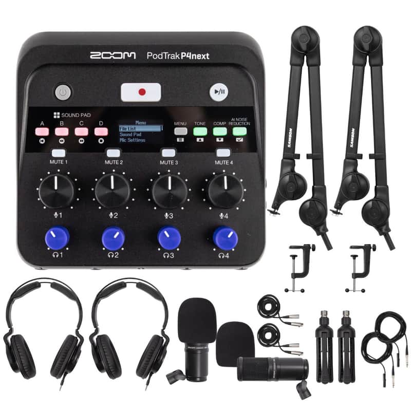 Zoom PodTrak P4next Podcast Recorder Bundle with 2 Mic Packs & Boom Arms image 1