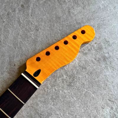 Tele Guitar Neck Yellow Flame Maple 22 Fret Rosewood Fretboard, Gloss Finish, 12" Radius image 4