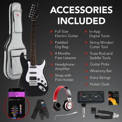 Beginner Electric Guitar Kit w/ Headphone Amp, Padded Gig Bag, Headphones - Black image 3