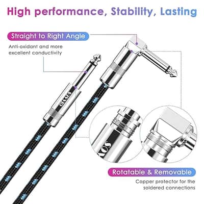 Guitar Cable 10FT Instrument Cable Guitar Cord Electric Guitar Cable Guitar AMP Cord for Bass Guitar Keyboard 1/4 Inch Cable Right Angle Black Blue image 3