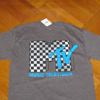 new with hang-tag A+ MTV Checkerboard Logo size Medium (M) Men's Short Sleeve T Shirt, Charcoal Heather Gray, 60% Cotton, 40% Polyester - retro 1980s MTV graphic: checkered black & white with turquoise (style # MTVN0077) image 7
