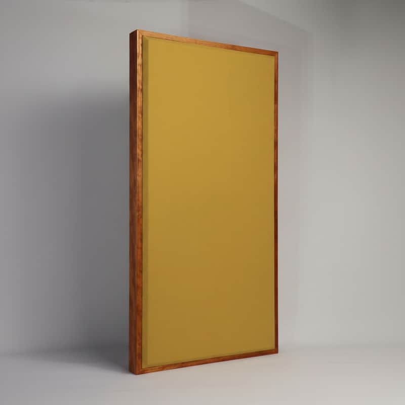 Custom Framed Acoustic Wall Panel | Gold Fabric & Gunstock Wood Frame | Furniture-Quality Sound Absorbing Panel | Recording Studio, Home Studio, Mixing Room, Podcast Studio, Home Theater, Listening Room, Office & Vocal Booth | Made in USA image 1