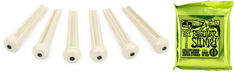 Graph Tech PP-1122-00 TUSQ Traditional Style Bridge Pin Set - White with 2mm Black Dot (set of 6) Bundle with Ernie Ball P03221 image 1
