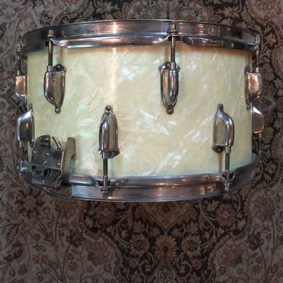 WFL Keystone Badge 8x14 Dixieland Twin Rare Offset Lugs 1930s White Marine Pearl image 2