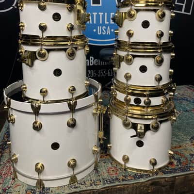 DW Zak Starkey's THE WHO, 8-Piece Tour Set with Rack and Matching Snare! 1988 - White/Gold Hardware image 24