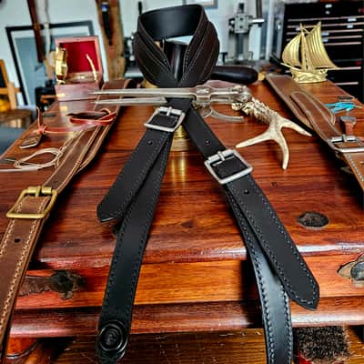 Hand Made, Hand Stitched Guitar strap "Rockatansky" in Black & Black - Vegetable Tanned Leather image 8