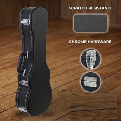 Wooden Concert Ukulele Case with Exterior Lock and Key, PVC Handle, and Plush Interior Padding - Black image 3