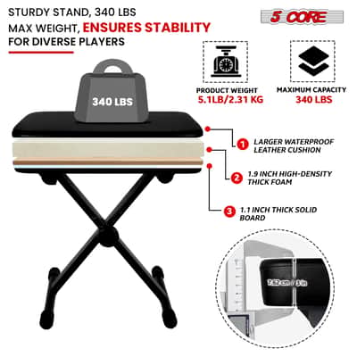 5 Core Keyboard Bench 3 Inch Padded Piano Stool Adjustable 20.5" Guitar Seat Heavy Duty Portable image 4