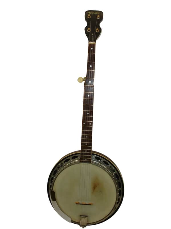 White acoustic guitar with black binding, displayed vertically.