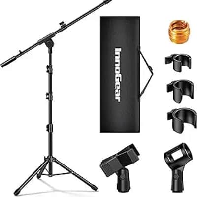 Microphone Stand, Tripod Boom Arm Floor Mic Stand Height Adjustable Heavy Duty with Carrying Bag 2 Mic Clips 3/8" to 5/8" Adapter for Singing Podcast for Blue Yeti Shure SM58 SM48 Samson Q2U