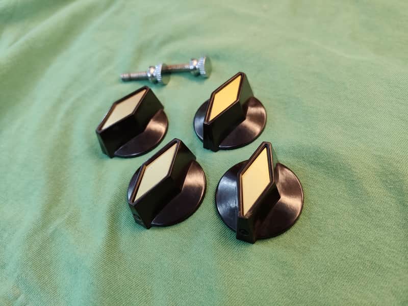 Set of 4 pcs tv style - cooker Brown And Gold knobs + 2 Vintage Strap Buttons John Lennon for Rickenbacker guitar. image 1