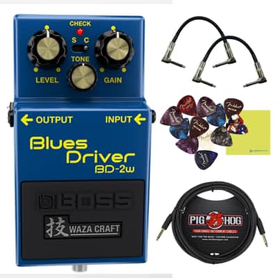 Boss BD-2W Blues Driver Pedal Bundle w/ 2-Pack Strukture S6P48 Woven Right Angle Patch Cable, Pig Hog PCH10BK "Black Woven" Instrument Cable, 12-Pack Guitar Pick and Liquid Audio Polishing Cloth image 1