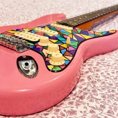 1 of 1 Custom Pink Strat Style HSS Electric Guitar w/ Hand Painted Pickgaurd image 3