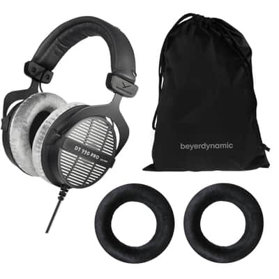 Beyerdynamic DT 990 Pro 250 Ohm Open-Back Over-Ear Monitoring Headphones  in Gray Bundled with Replacement EDT 990 VB Ear Pad Set Velour in Black image 1