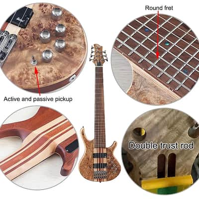 Custom 7 String Electric Bass, Burl Wood Top Body, Maple Neck, 24 Frets Fingerboard Fretboard image 7