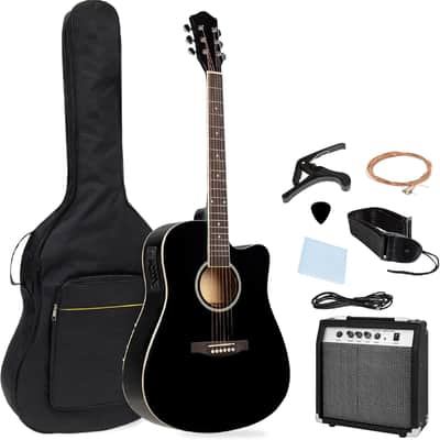 Beginner Acoustic Electric Guitar Starter Set w/ 41in, All Wood Cutaway Design, Gig Bag, Strap, Picks - Black image 1