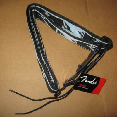 new with tags genuine Fender 2" Monogrammed Guitar Strap Black, Light Gray, and Light Blue - Fender part number: 099-0681-502, Fully adjustable length (39"-72") Woven Fender logo and guitar headstock design, polyester backing, black leather ends image 14