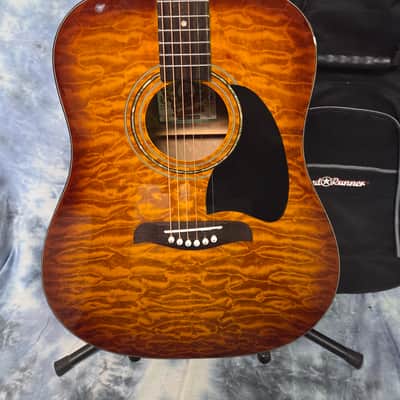 2002 Oscar Schmidt by Washburn OG2QHS Foto Flame Quilted Top Dreadnought Acoustic Guitar New Strings Pro Setup Roadrunner Gigbag image 2