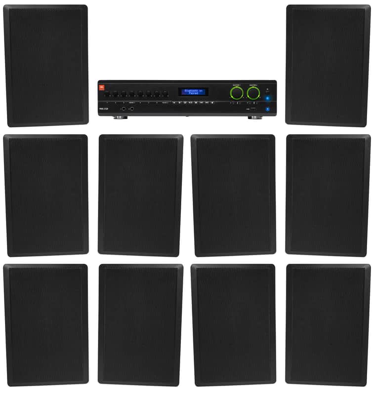 JBL 2-Channel Amplifier+(10) Slim Black Wall Speakers for Restaurant/Bar/Cafe image 1