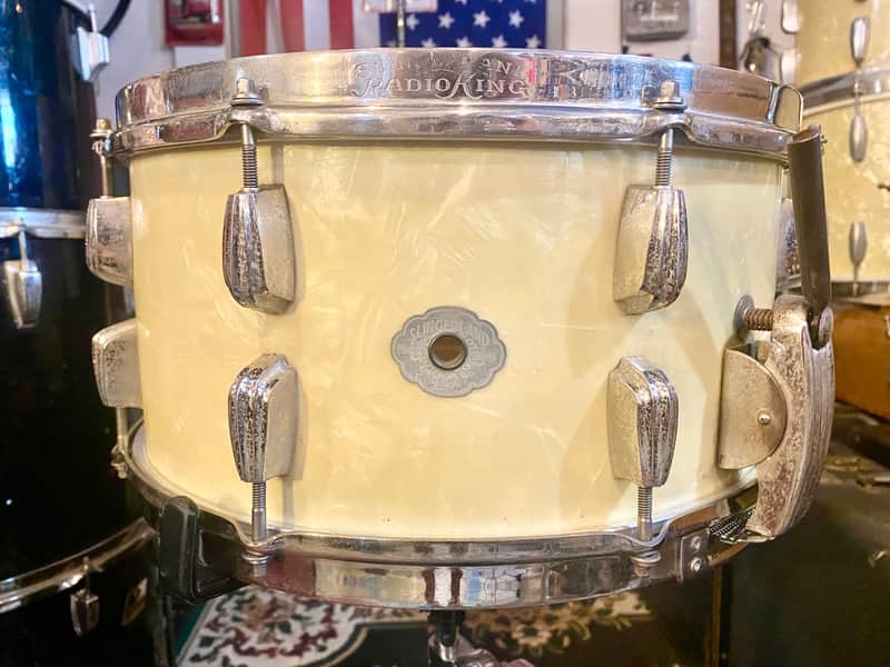1940s Slingerland Super Gene Krupa Radio King 7x14” 16-Lug Solid Maple Snare, Aluminum War Time Badge - White Marine Pearl image 1