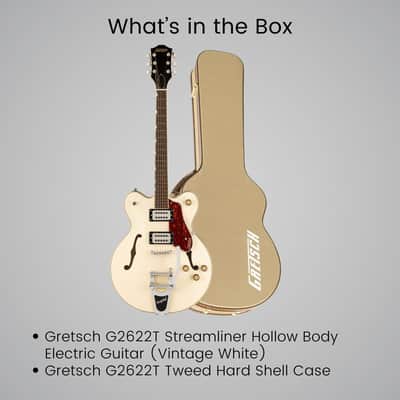 Gretsch G2622T Streamliner Center Block Double-Cut Electric Guitar with Bigsby, Laurel Fingerboard (Vintage White) Bundle with Gretsch G2622T Tweed Hard Case image 5