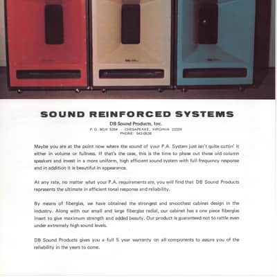 DB Sound Prodcuts- Sound Reinforced Systems, promotional cut-sheet, vintage image 1