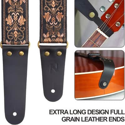 Guitar Strap, 2" Jacquard Embroidery Guitar Straps, Full Grain Leather Ends with Hidden Pocket, for Bass, Electric and Acoustic Guitars, Strap Button, Strap Locks and Guitar Picks image 2