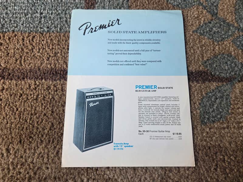 Vintage 1960's Premier Solid State Amplifiers (SS-30, TR-30, BB-30) Flyer! Rare, Original Case Candy, Paperwork! image 1