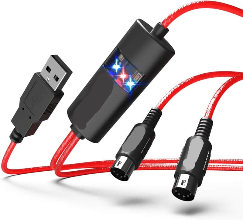MIDI to USB Interface Compatible with USB Type-A MIDI Cable with Input&Output Work with MIDI Keyboard/Synthesizer/MIDI Deivce Compatible with iOS&Android, Windows/Mac OS Red - 6.5Ft image 1
