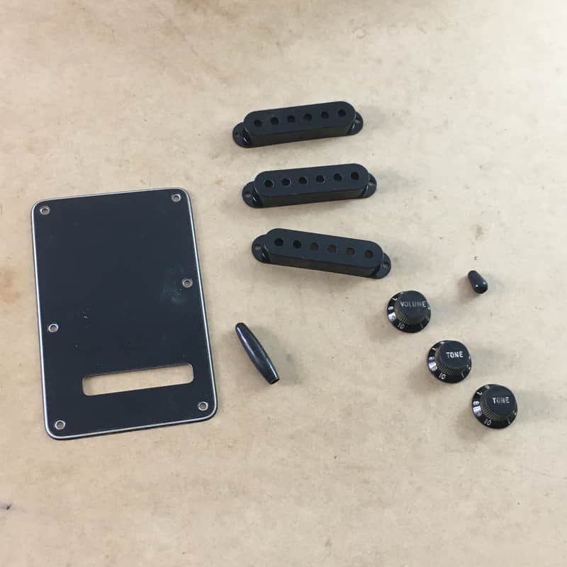 Fender Vintage Reissue Black Relic Knobs Strat Pickup Covers Back Plate Guitar Tremolo Cover Complete Set image 1
