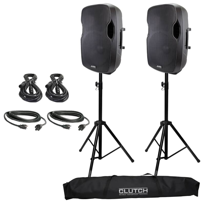 Gemini AS-2115BT 15" Powered/Active DJ PA Speaker Pair + Cables + Stands image 1