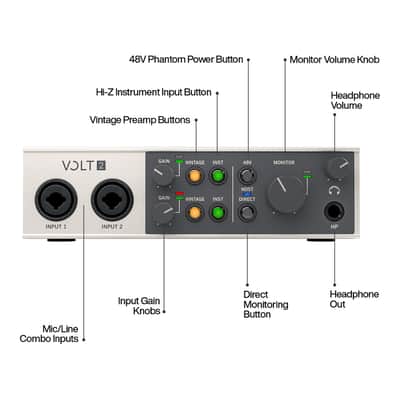 Universal Audio Volt 2 USB Audio Interface 2-In/2-Out Vintage Mic Preamp image 2