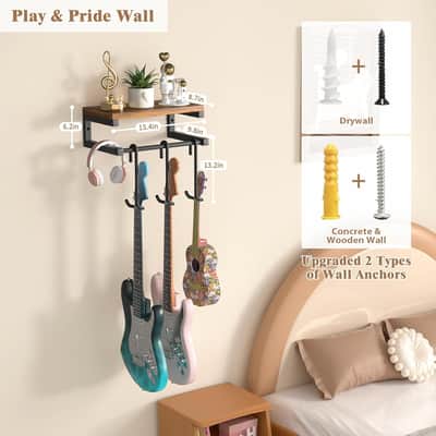 Rustic Guitar Wall Mount Shelf – 3-Guitar Hanger Rack with Detachable Hooks for Acoustic, Electric, Bass & Ukulele image 3