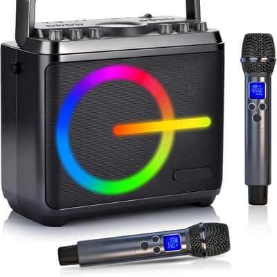 Karaoke Machine, Bluetooth Speaker with 2 Wireless Microphones, Portable Voice Amplifier PA System for Adults Kids with LED Lights Support Bass/Treble Adjustment, TF Card/USB, REC for Home Party image 1