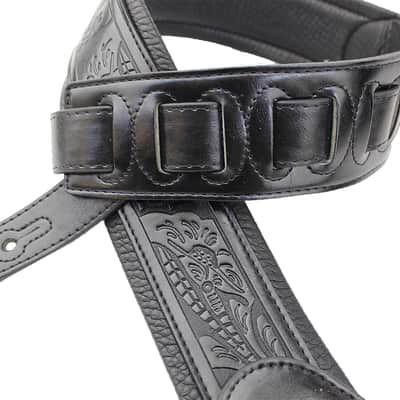 Walker and Williams G-118 Black on Black Padded Guitar Strap with Embossed Tooling image 3