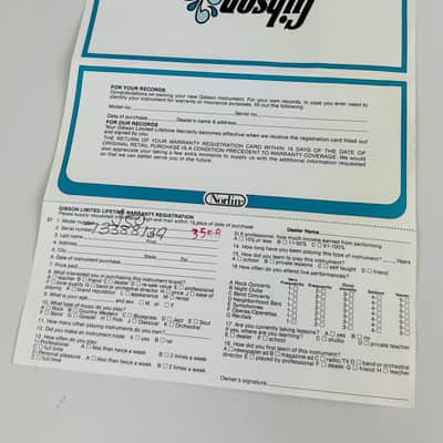 Gibson J-50 Warranty Card (1977 Copyright, Norlin Era) Late- '70s image 3