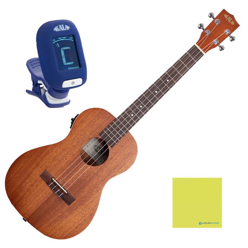 Kala KA-BE Mahogany Baritone Ukulele with EQ Bundle with KALA Klipz Blue Clip-On Tuner & Polishing Cloth – Electric-Acoustic Ukulele with Built-In EQ, Warm Tone & Chrome Die-Cast Tuners image 1