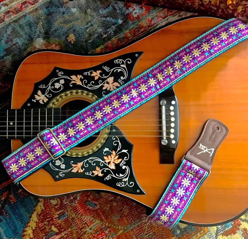 Handmade Psychedelic Purple Flower Chain Guitar Strap - Vtar Vegan Guitar Straps image 1