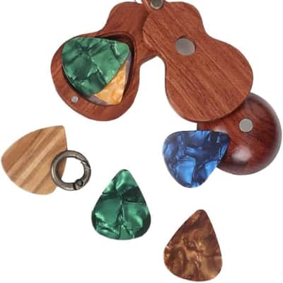 CustomGuitarPlectrumwithBox HomeWoodenDecorativeOrnamentGuitarMusicGiftCarMiniPendantGuitarAccessories Musician'sGuitarPlectrumGiftChristmasUniqueGift (Wood color (flower pear tree)) image 1