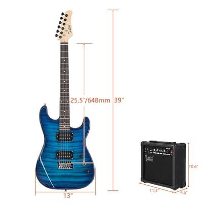 Glarry GST Blue Electric Guitar HH Pickup Tiger Stripe w/20W Amplifier image 6