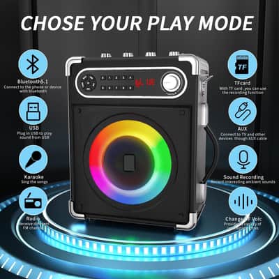 Karaoke Machine with 4 Wireless Microphones, Portable Bluetooth 5.1 Speaker for Adults Kids with LED Lights, Bass/Treble Adjustment, PA System with Remote Control, Supports FM/AUX/USB/TF for Party image 2