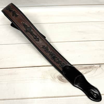 Walker and Williams KB-02-BT Oxblood Brown Carving Leather Padded Guitar Strap With Black Floral Skull & Cross For All Guitars And Basses image 7