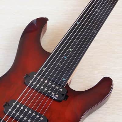 Custom 8 String Fretless Electric Guitar, Burl Wood Top Body, Maple Neck image 5