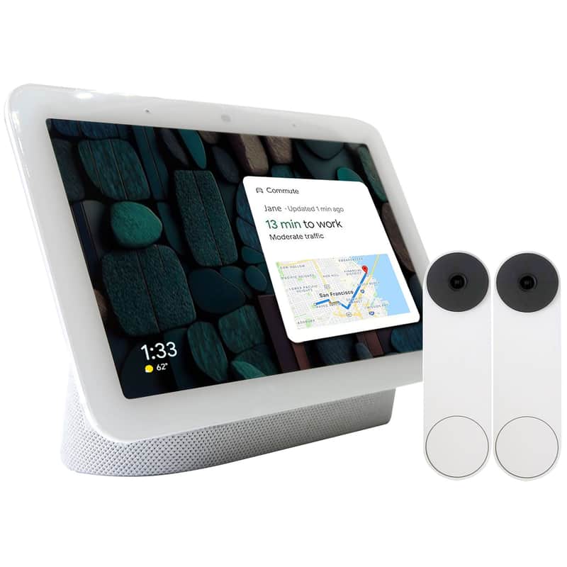 Google Nest Hub 2nd Gen - Smart Home Display with Google Assistant - Chalk + 2x Google Nest Video Battery Doorbell White image 1