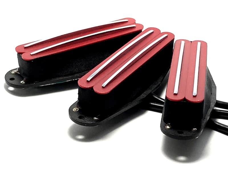 Dragonfire Duo Rails SSS Set Strat Sized Humbucker Pickups, Bridge/Middle/Neck ~ Red w/ Chrome Rails image 1