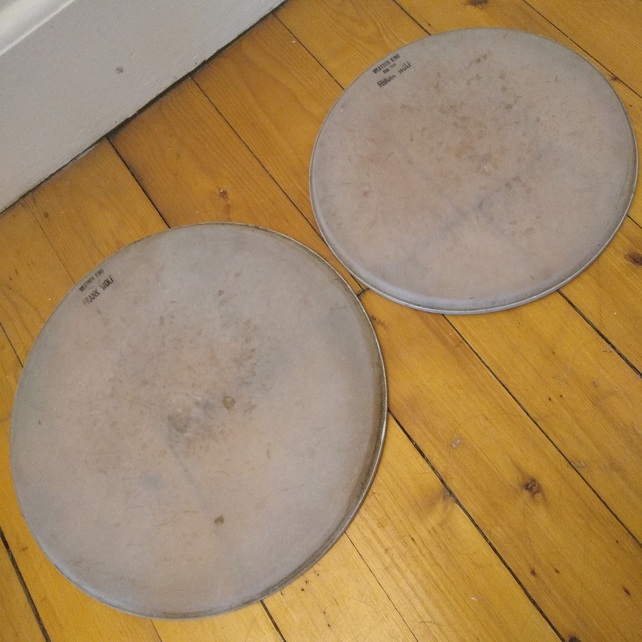 Frank Wolf 13"+16" Remo Weather King Vintage Drum Heads 50s USA Ink Stamped Lot — main photograph