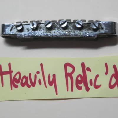visibly used / relic'd real player's wear Epiphone B-2 metric ABR-1 vintage style bridge CHROME, large posts mounting pieces (NO anchors) early 2000s (for some import guitars that use this style bridge) will NOT fit on Gibson - mounting holes are too big image 13